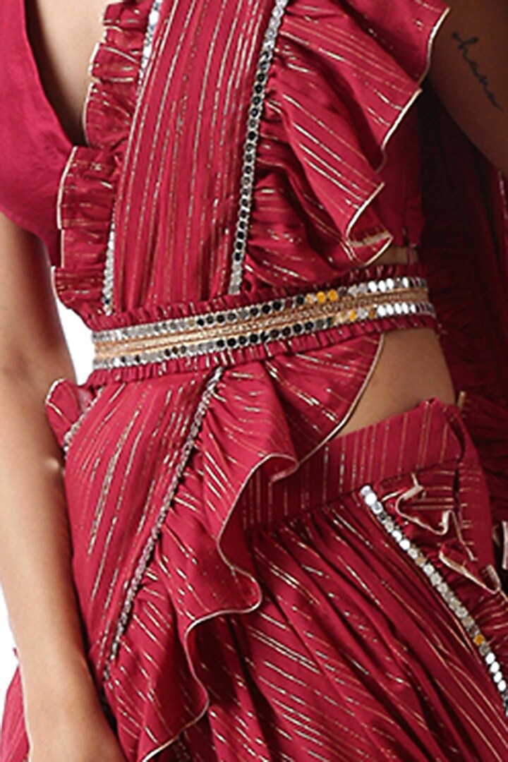 Maroon Ruffled Zip-Up Party Wear Saree Set With Potli Bag by Ekanya at Pernia's Pop Up Shop