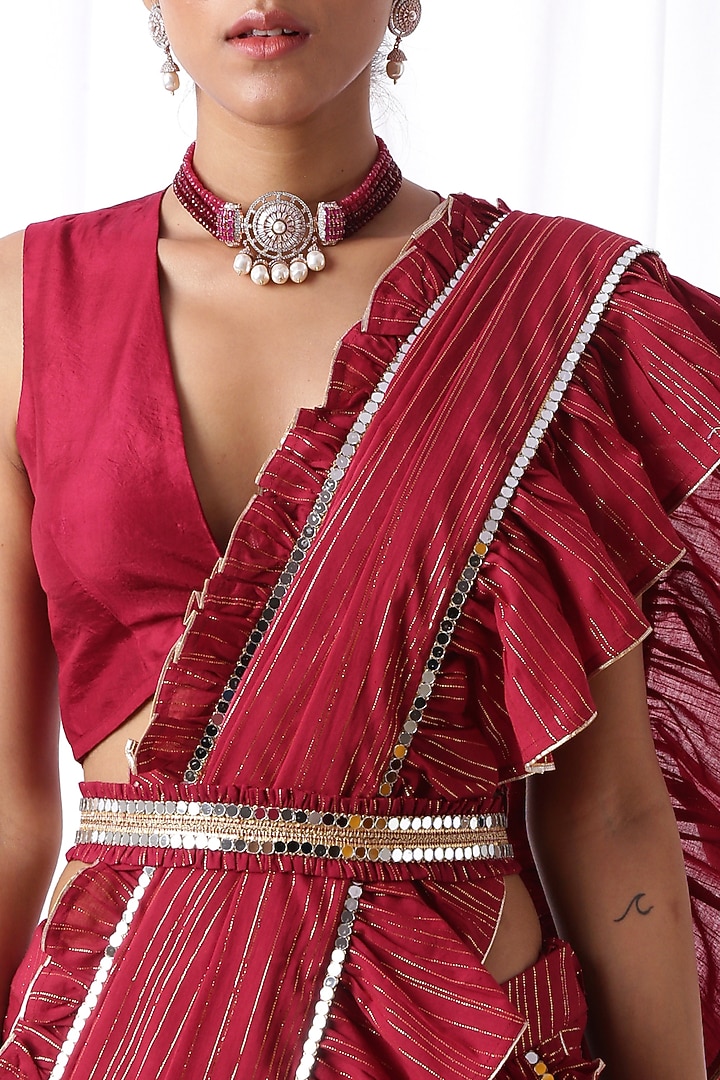 Maroon Ruffled Zip-Up Party Wear Saree Set With Potli Bag by Ekanya at Pernia's Pop Up Shop