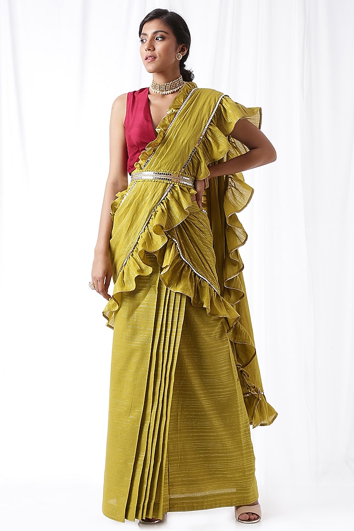 Green Ruffled Zip-Up Saree Set With Potli Bag by Ekanya