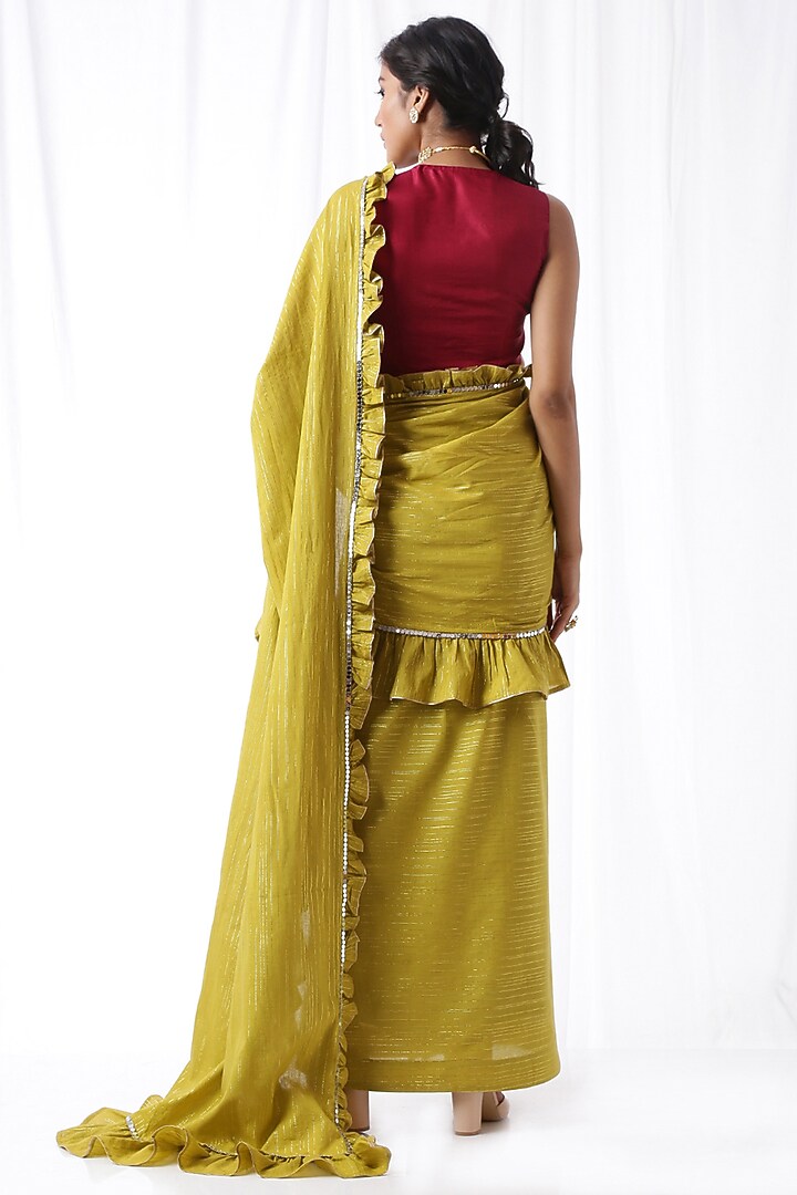 Green Ruffled Zip-Up Party Wear Saree Set With Potli Bag by Ekanya at Pernia's Pop Up Shop