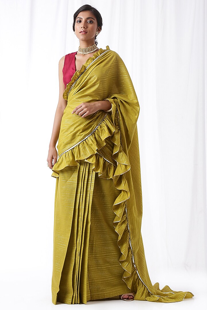 Green Ruffled Zip-Up Party Wear Saree Set With Potli Bag by Ekanya at Pernia's Pop Up Shop
