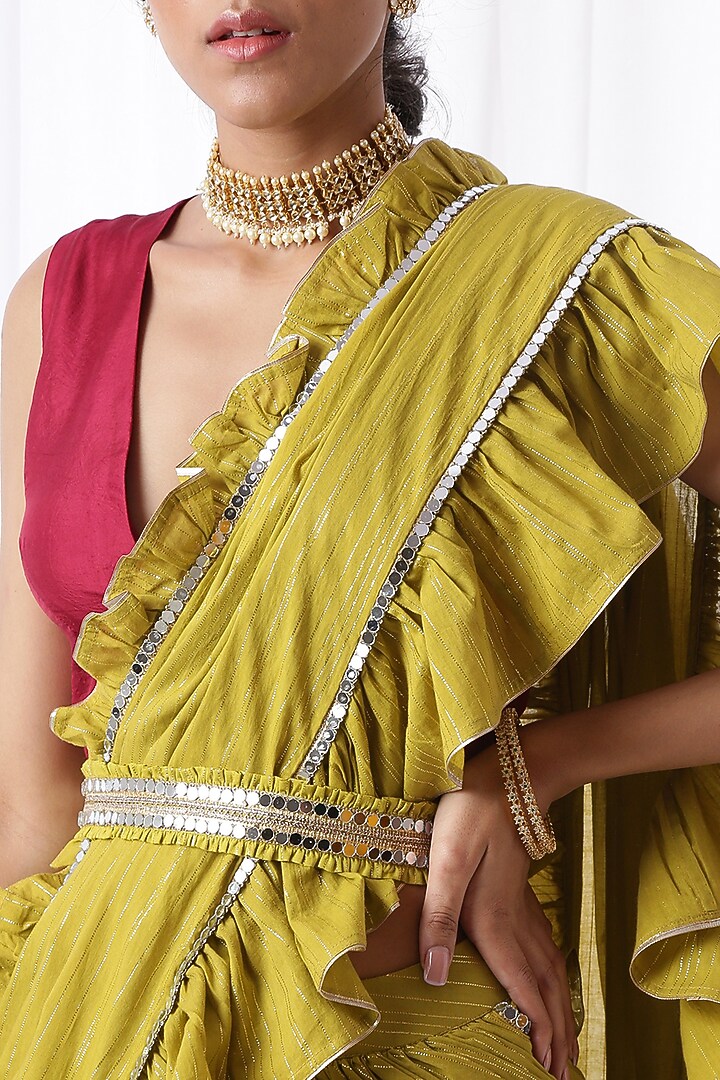 Green Ruffled Zip-Up Party Wear Saree Set With Potli Bag by Ekanya at Pernia's Pop Up Shop