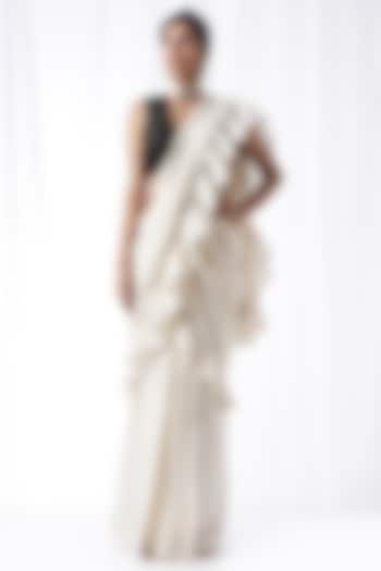 Off-White Ruffled Zip-Up Saree Set With Potli Bag by Ekanya