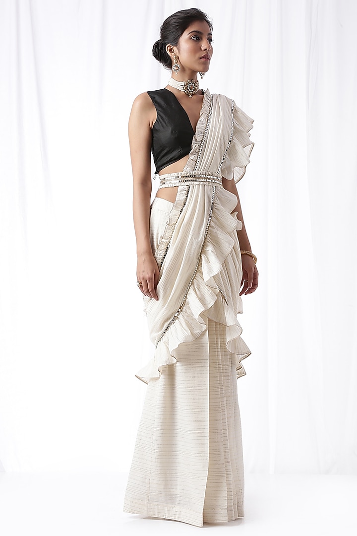 Off-White Ruffled Zip-Up Party Wear Saree Set With Potli Bag by Ekanya at Pernia's Pop Up Shop