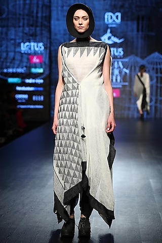 Black & White Drape With Dhoti Pants & Inner by Ekru by Ekta and Ruchira