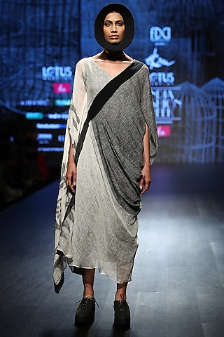 White & Grey Handloom Drape by Ekru by Ekta and Ruchira