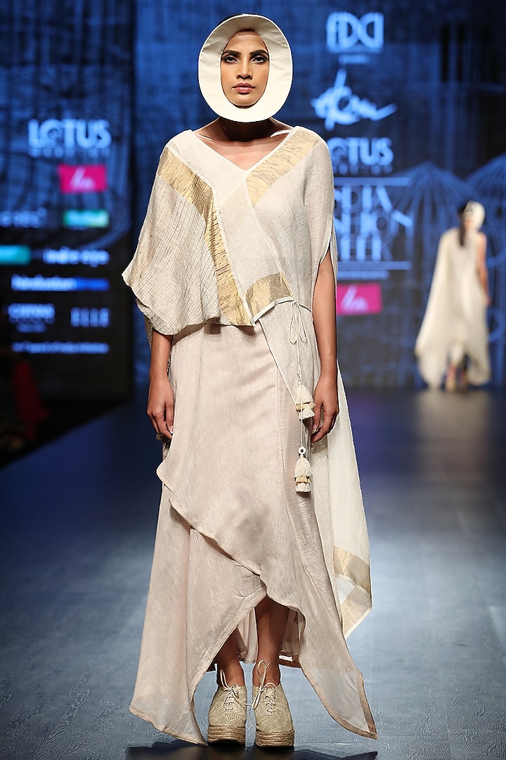 Off White & Gold Drape Top With Skirt by Ekru by Ekta and Ruchira