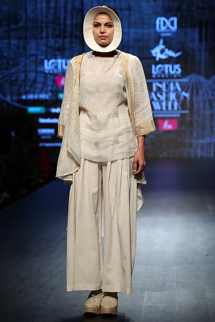 Off White & Gold Jacket With Pants & Inner by Ekru by Ekta and Ruchira
