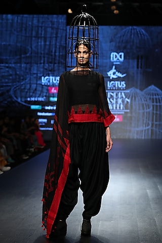 Black Drape Top With Dhoti Pants by Ekru by Ekta and Ruchira