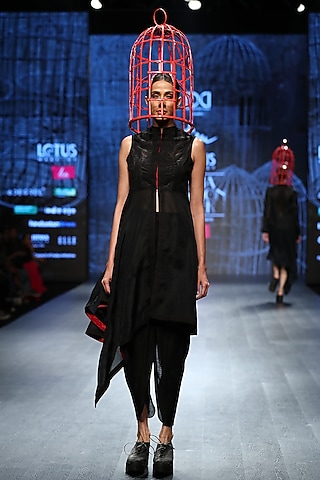 Black Chanderi Jacket With Pants & Inner by Ekru by Ekta and Ruchira
