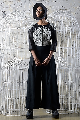Black & White Khadi Jacket With Pants & Inner by Ekru by Ekta and Ruchira