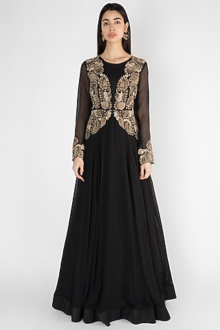 Black Embroidered Georgette Gown by Ekru by Ekta and Ruchira