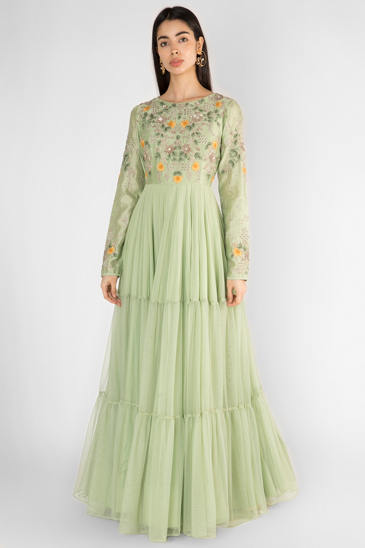 Reyon Gown with Beautiful Neck Designs Pista Green Colour - WAVA By Mita's  Collection