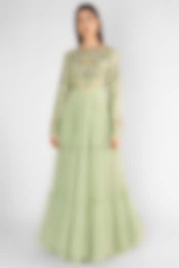 Pista Green Embroidered Tiered Gown by Ekru by Ekta and Ruchira