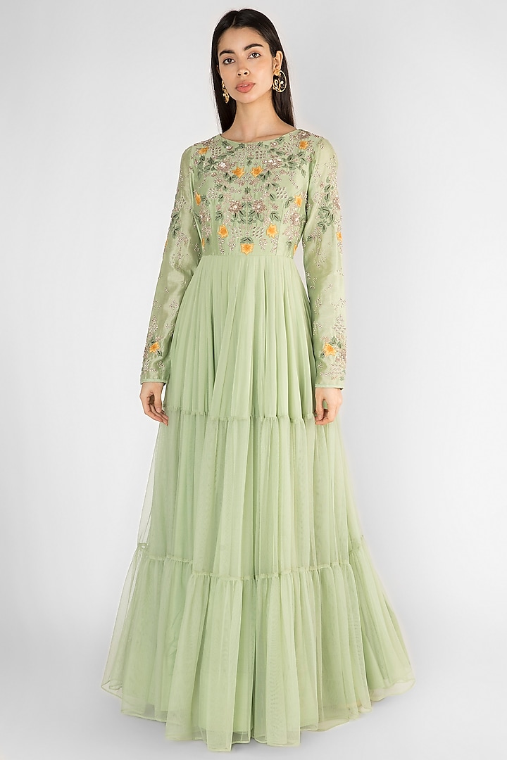 Pista Green Embroidered Tiered Gown by Ekru by Ekta and Ruchira