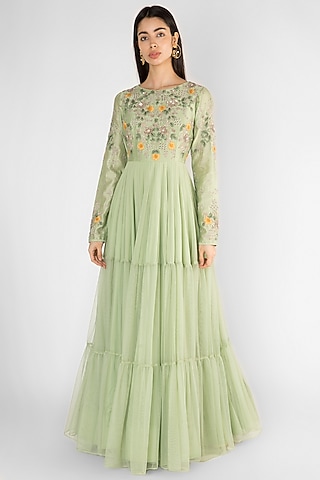 Pista Green Embroidered Tiered Gown by Ekru by Ekta and Ruchira