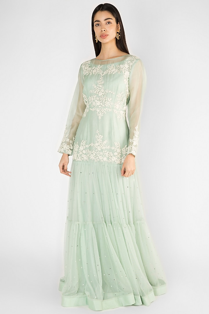Sky Blue Embroidered Tiered Gown by Ekru by Ekta and Ruchira