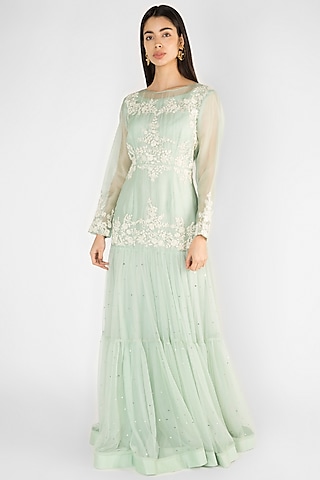Sky Blue Embroidered Tiered Gown by Ekru by Ekta and Ruchira