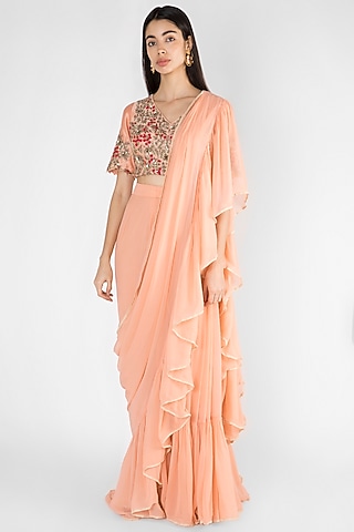 Peach Embroidered Pre-Stitched Saree Set by Ekru by Ekta and Ruchira