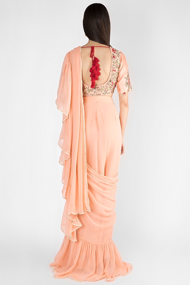 Peach Embroidered Pre-Stitched Wedding Saree Set by Ekru by Ekta and Ruchira at Pernia's Pop Up Shop