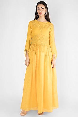 Yellow Embroidered Top With Skirt by Ekru by Ekta and Ruchira
