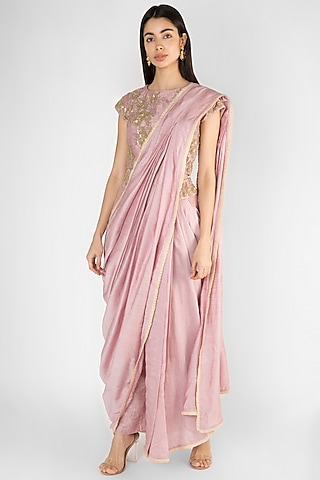 Mauve Tussar Georgette Zardosi Embroidered Pre-Stitched Pant Saree Set by Ekru by Ekta and Ruchira