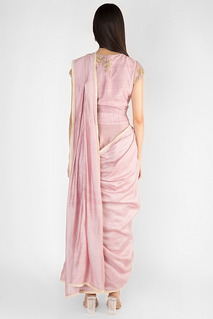Mauve Tussar Georgette Zardosi Embroidered Pre-Stitched Pant Wedding Saree Set by Ekru by Ekta and Ruchira at Pernia's Pop Up Shop