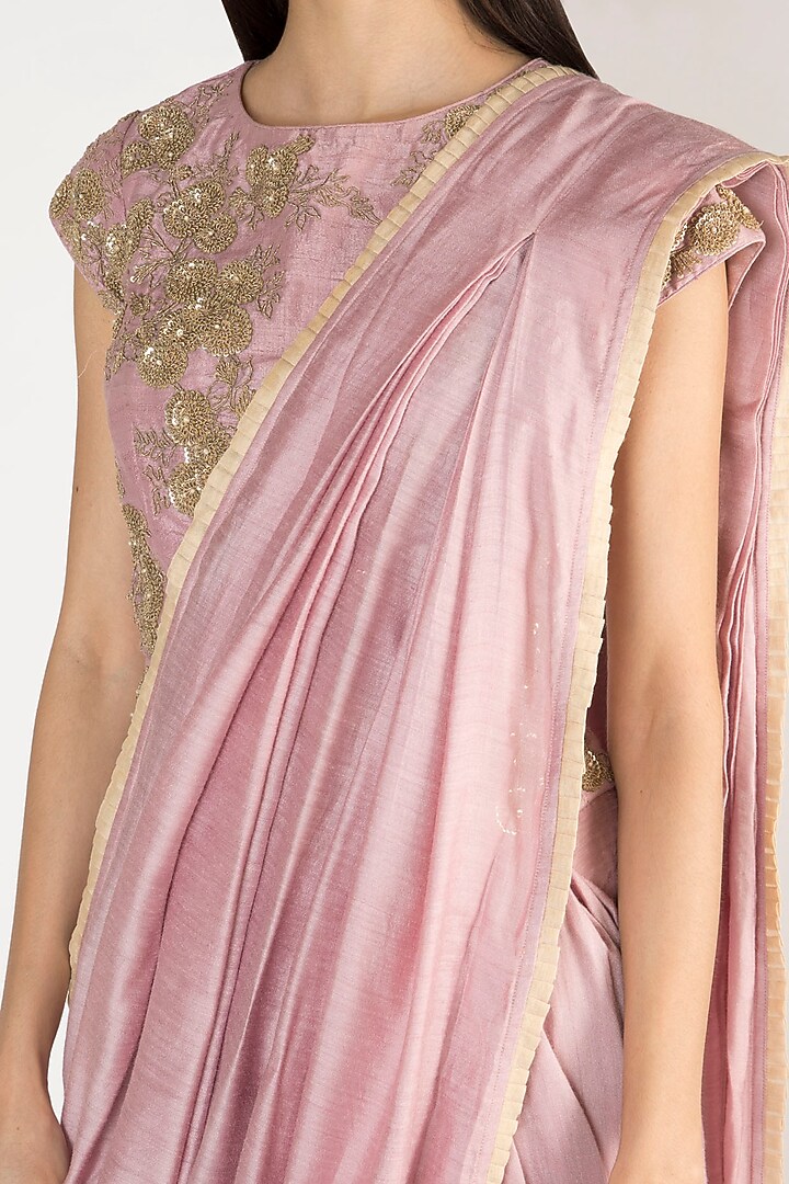 Mauve Tussar Georgette Zardosi Embroidered Pre-Stitched Pant Wedding Saree Set by Ekru by Ekta and Ruchira at Pernia's Pop Up Shop
