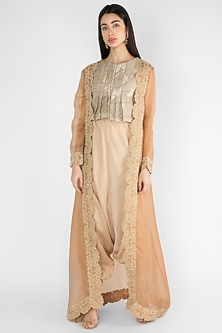 Beige Embroidered Jacket With Inner & Pants by Ekru by Ekta and Ruchira