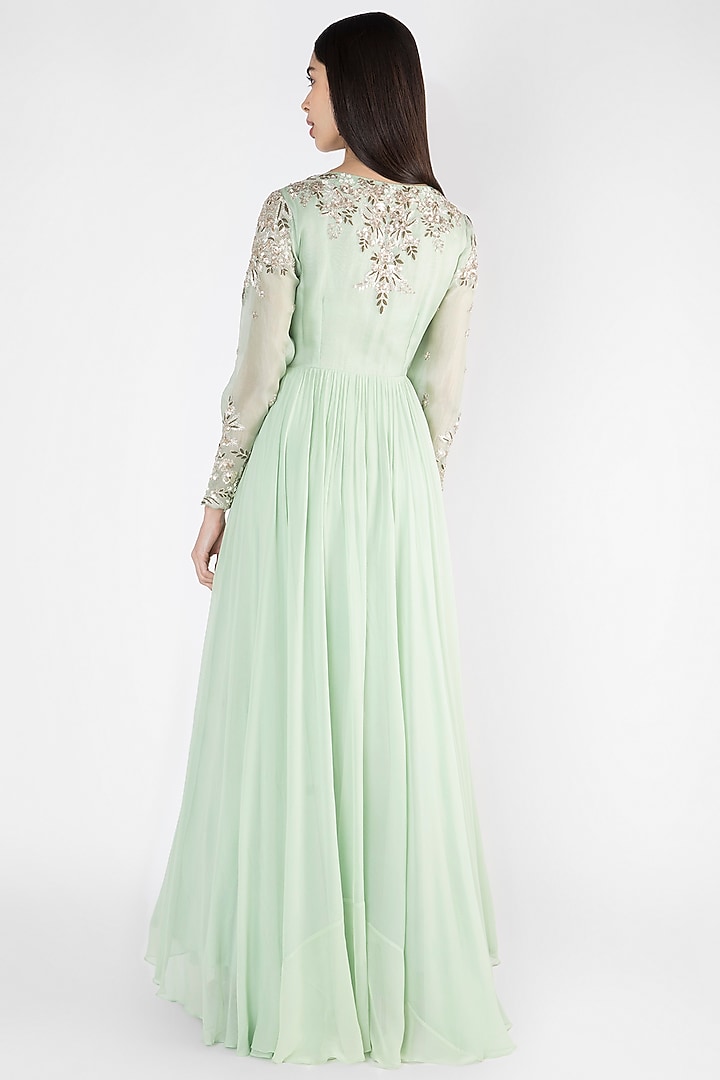 Pista Green Embroidered Engagement Gown by Ekru by Ekta and Ruchira at Pernia's Pop Up Shop