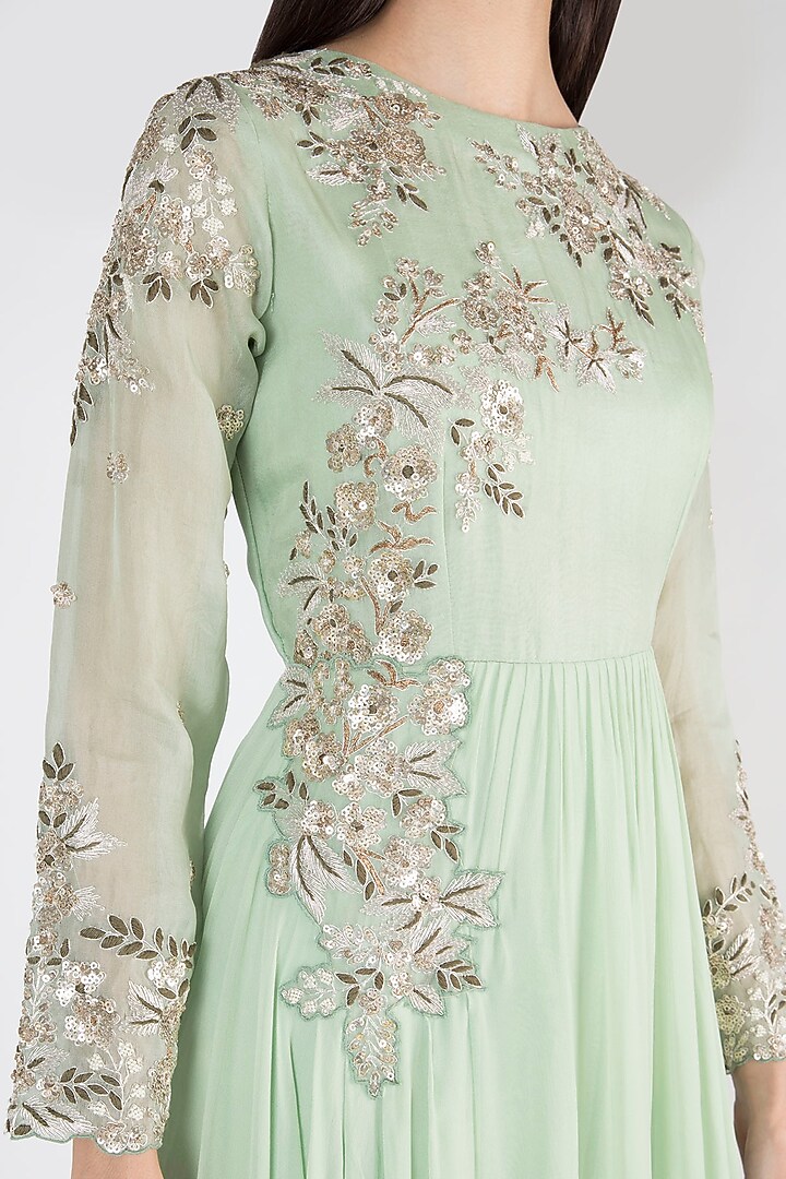 Pista Green Embroidered Engagement Gown by Ekru by Ekta and Ruchira at Pernia's Pop Up Shop