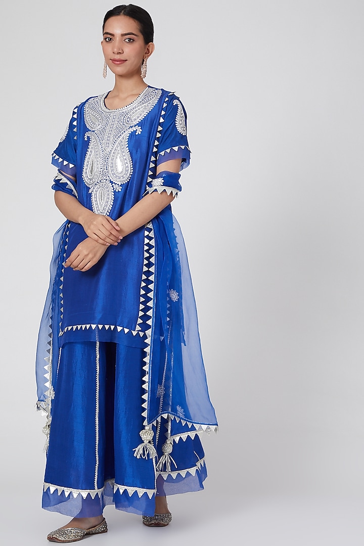 Electric Blue Gota Embroidered Sharara Set by Ekta Singh