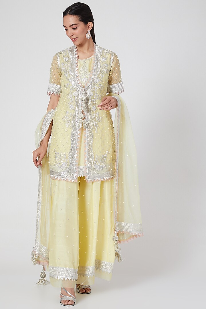 Yellow Hand Embroidered Front Open Jacket Set by Ekta Singh