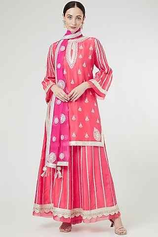 Coral Embroidered Sharara Set by Ekta Singh