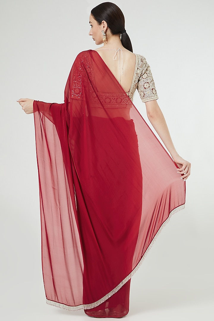 Red Chiffon Reception Saree Set by Ekta Singh at Pernia's Pop Up Shop