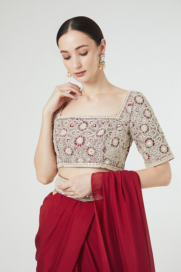 Red Chiffon Reception Saree Set by Ekta Singh at Pernia's Pop Up Shop