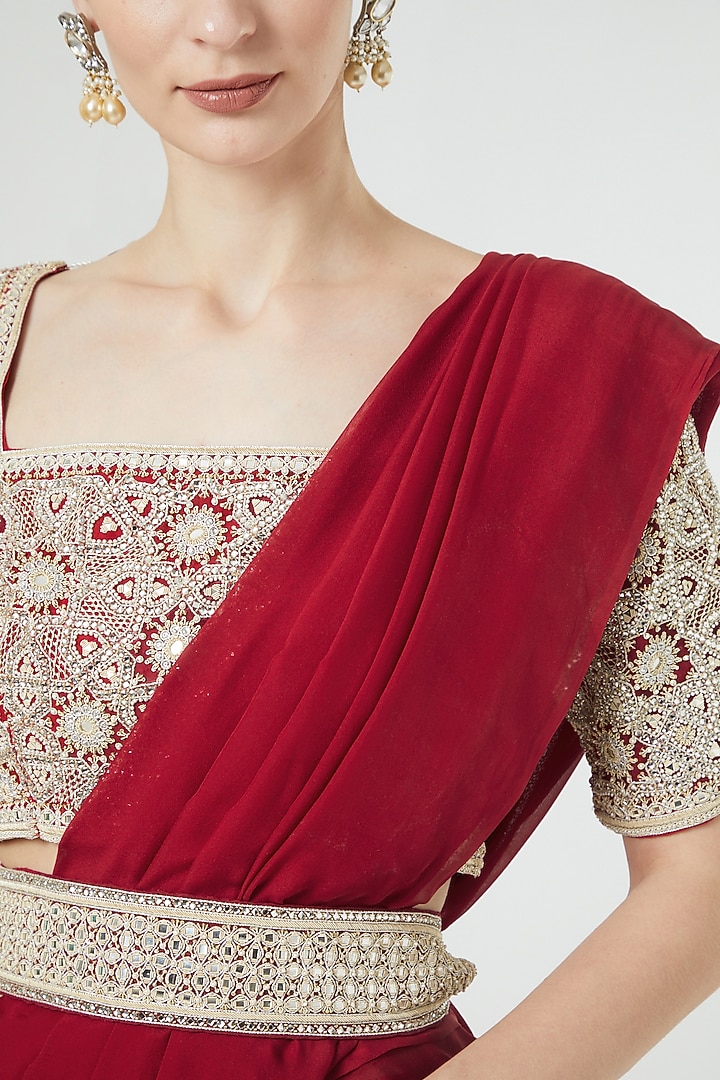 Red Chiffon Reception Saree Set by Ekta Singh at Pernia's Pop Up Shop