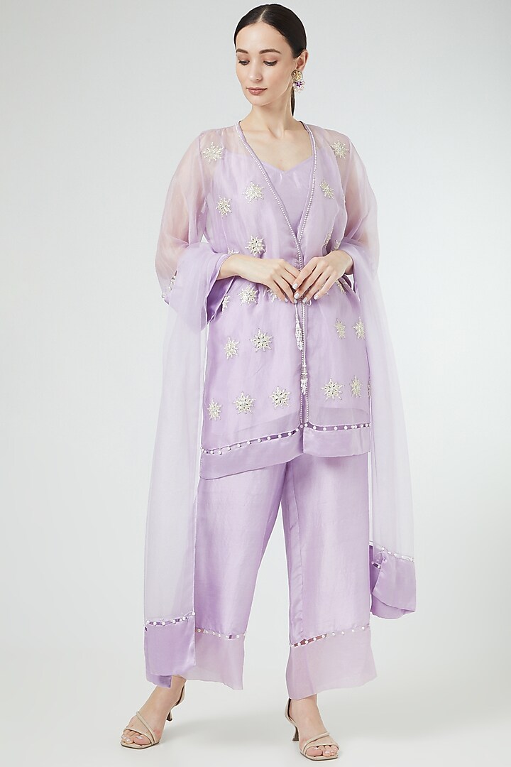 Lilac Embroidered Jacket Kurta Set by Ekta Singh