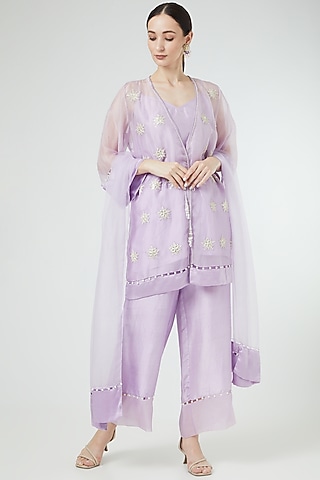 Lilac Embroidered Jacket Kurta Set by Ekta Singh