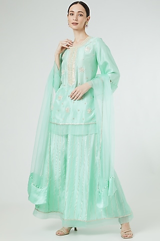 Sea Green Embroidered Sharara Set by Ekta Singh