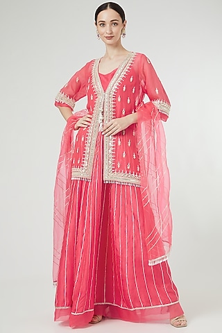 Coral Red Organza Sharara Set by Ekta Singh