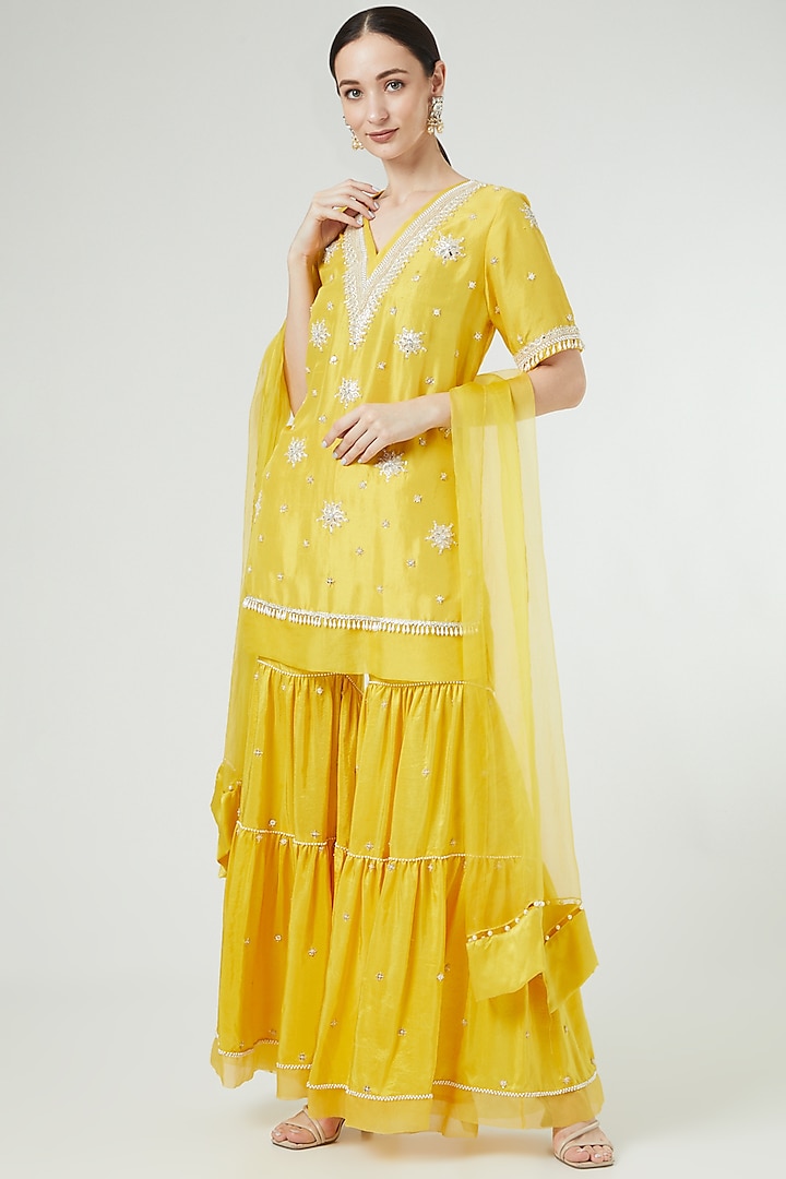 Yellow Hand Embroidered Sharara Set by Ekta Singh