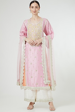 Pink & Peach Embroidered Kurta Set by Ekta Singh