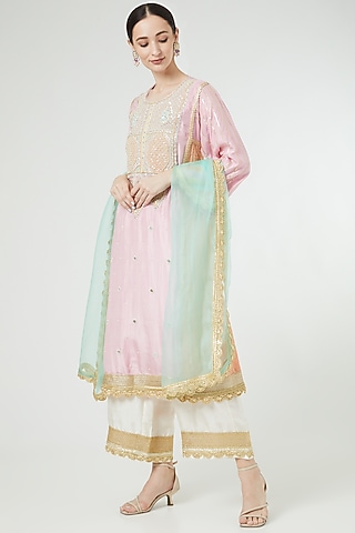 Pink & Peach Hand Embroidered Kurta Set by Ekta Singh