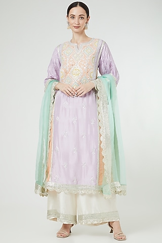 Lilac & Peach Embroidered Kurta Set by Ekta Singh