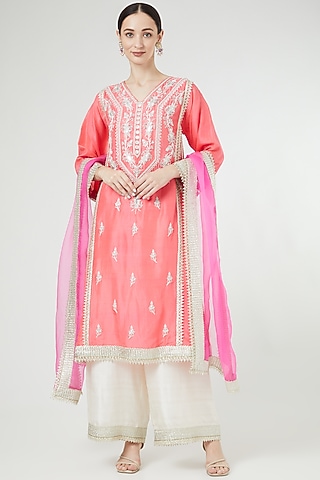 Coral Hand Embroidered Kurta Set by Ekta Singh