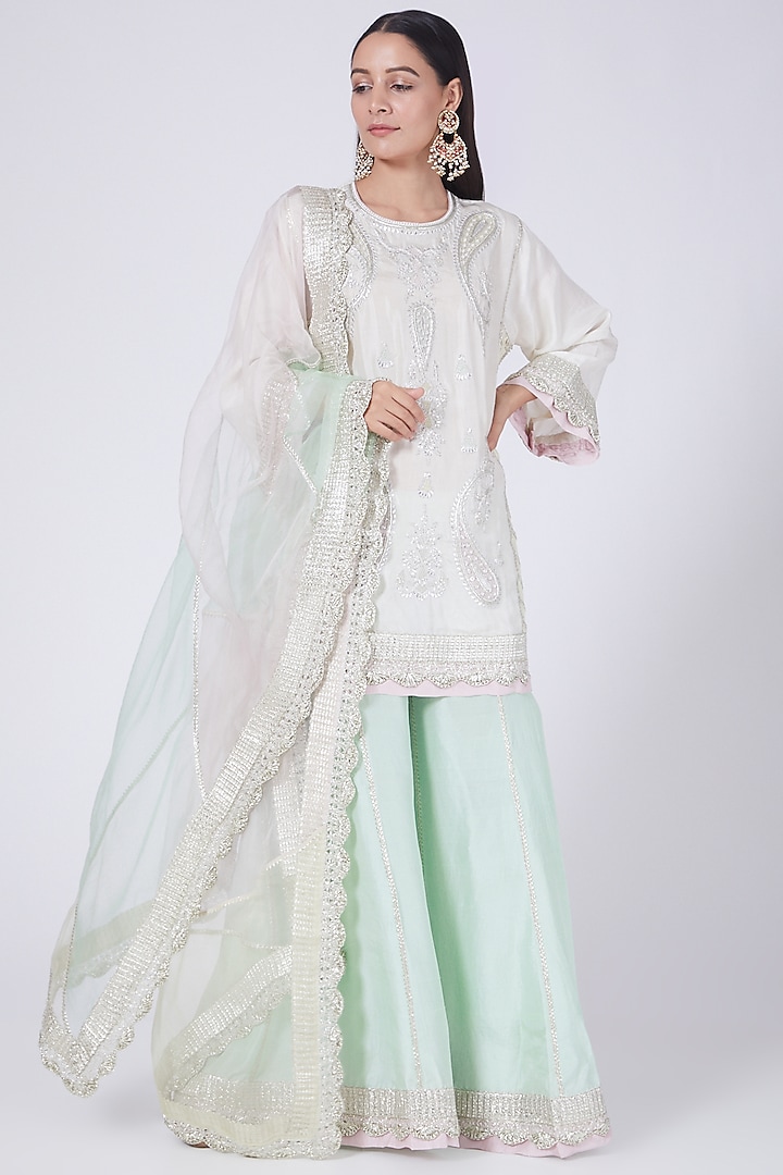 Mint Silk Gota Embroidered Gharara Set by Ekta Singh