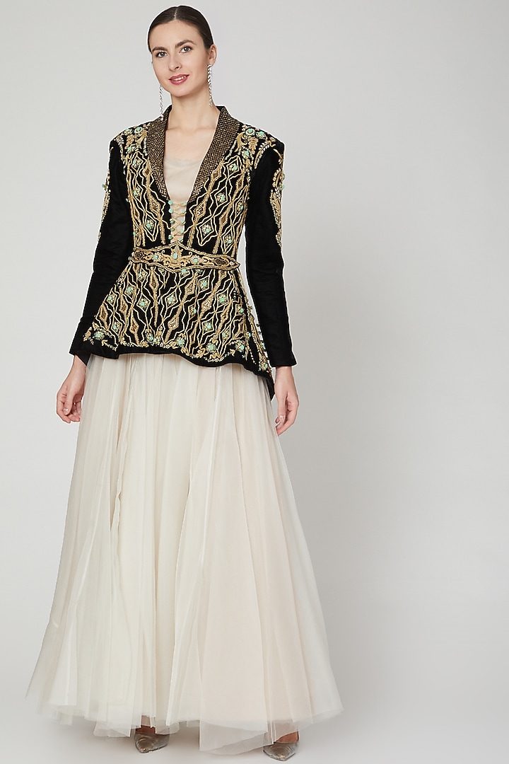 Black Embroidered Jacket With Belt by Ekta Singh at Pernia's Pop Up Shop