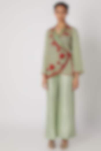 Pista Green Embroidered Wrap-Up Jacket With Pants by Ekta Singh