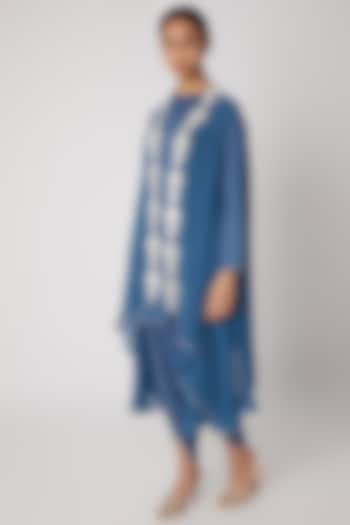 Blue Embroidered Modal Shirt With Dhoti Pants & Cape by Ekta Singh
